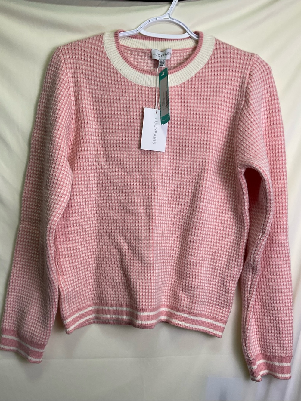 Lucy Paris Pink Waffle-Knit Crewneck Sweater with Cream Trim